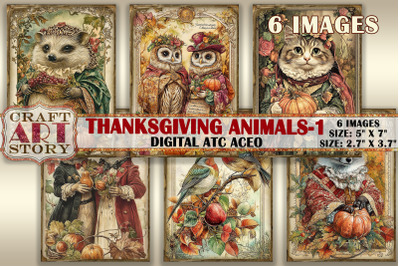 Vintage Thanksgiving animals-1 picture collage atc BONUS