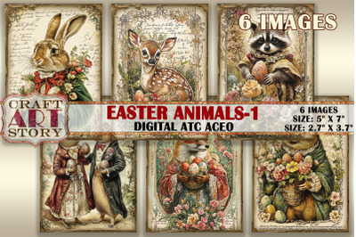 Vintage Easter animals-1 picture collage cards atc BONUS