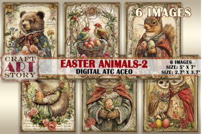 Vintage Easter animals-2 picture collage cards atc BONUS