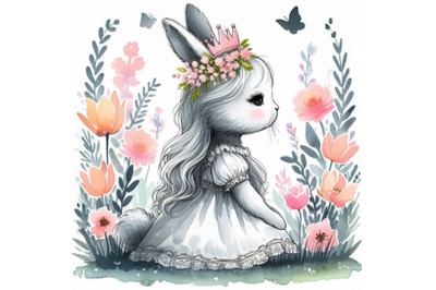 Hand-drawn baby princess bunny sitting in a garden of blooming flower