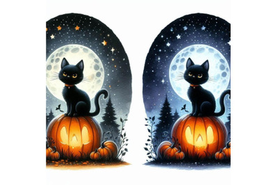 Cartoonish black cat sitting on a glowing pumpkin under the moon