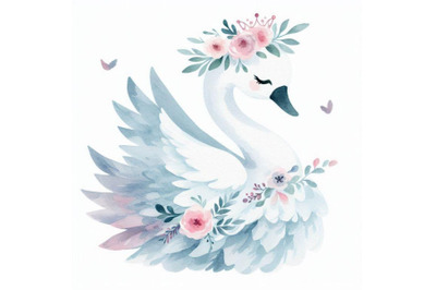 Adorable hand-drawn little princess swan with a floral crown and a gr