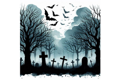 Spooky graveyard scene with bare trees, bats, and fog