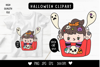 Cute Halloween kid kawaii clipart cartoon witch girl clipart