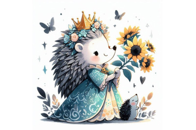 Playful hand-drawn baby hedgehog princess holding a tiny bouquet of s