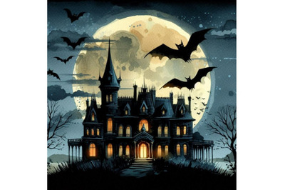 Eerie old mansion with a full moon and flying bats overhead