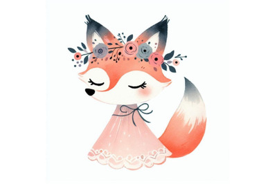 Sweet hand-drawn little princess fox with a wreath of flowers around