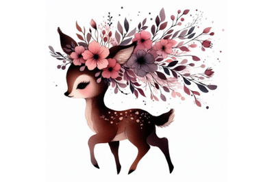 Graceful hand-drawn baby deer princess with flowers tucked behind her