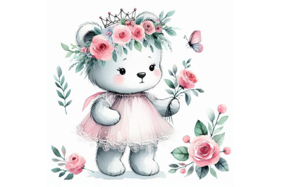 Adorable hand-drawn little bear princess wearing a floral crown and ho