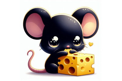 Little 3D Kawaii mouse eating a piece of cheese with shiny eyes