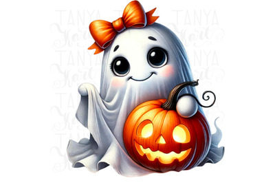 Vintage Halloween Ghost with Pumpkin Sublimation Design, Spooky Season