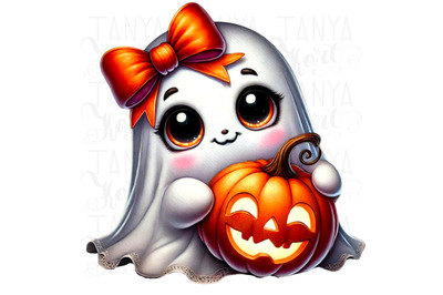 Ghost with Pumpkin Coquette PNG | Halloween Bow &amp; Ghost Sublimation |