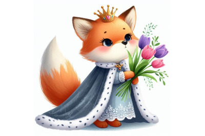 Hand-drawn cute baby princess fox with a bouquet of tulips and a royal