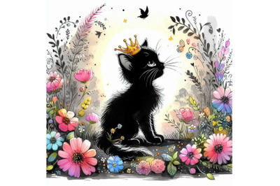 Playful hand-drawn little kitten princess sitting in a field of flower