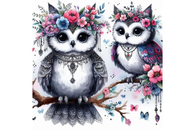 Sweet hand-drawn little princess owl perched on a branch with a floral