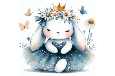 Hand-drawn adorable baby princess rabbit with a crown of daisies and a