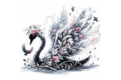 Graceful hand-drawn baby swan princess swimming with flowers in her wi