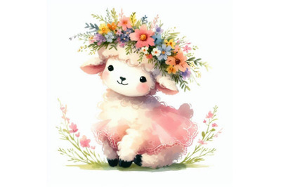 Sweet hand-drawn little princess lamb with a wreath of wildflowers on