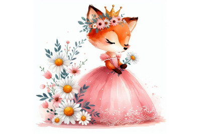 Elegant hand-drawn baby fox princess wearing a crown of daisies