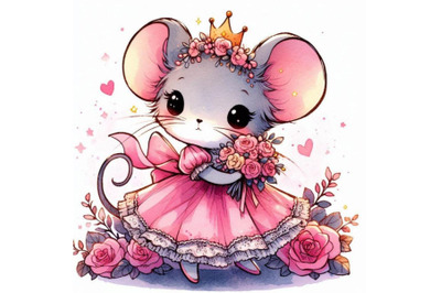 Hand-drawn cute little princess mouse holding a bouquet of roses