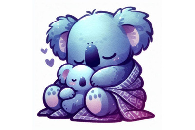 Sleepy 3D Kawaii koala cuddling a plush toy in a tiny blanket