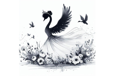 Graceful hand-drawn baby swan princess gliding through a garden of flo