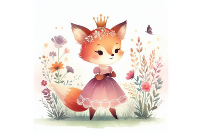 Cute hand-drawn little fox princess standing in a field of wildflowers