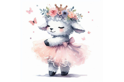 Sweet hand-drawn baby princess lamb with a flower crown and a tiny dre