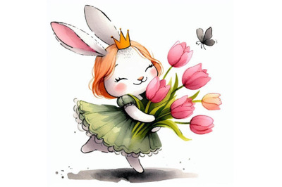 Hand-drawn playful little rabbit princess hopping with a bouquet of tu