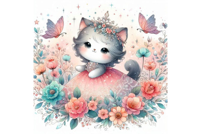 Cute hand-drawn little kitten princess surrounded by blooming flowers