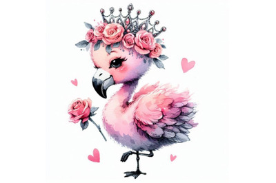 Adorable hand-drawn baby flamingo princess wearing a crown of roses