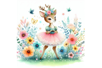 Sweet hand-drawn baby deer princess standing in a meadow of colorful f