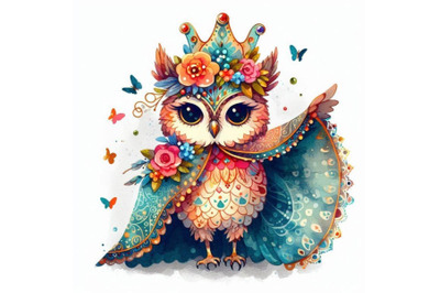 Graceful hand-drawn baby owl princess with a crown of flowers and a ti