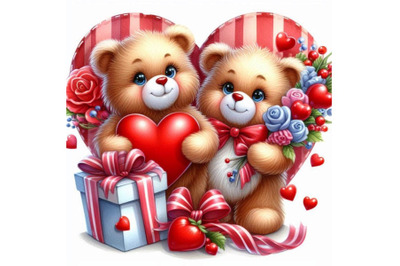 Two teddy bears holding a large red heart.