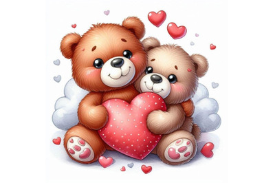 A pair of teddy bears hugging a heart-shaped pillow.