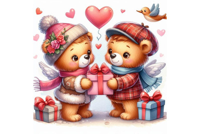 Two cute teddy bears exchanging heart-shaped gifts.