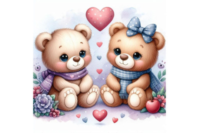 Teddy bears sitting together with a heart between them.