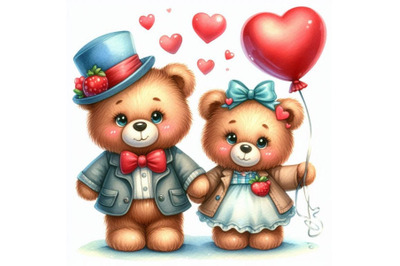 A pair of teddy bears holding hands with a heart-shaped balloon.