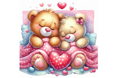 Two teddy bears snuggling under a heart blanket.