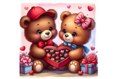 Teddy bears sharing a heart-shaped box of chocolates.