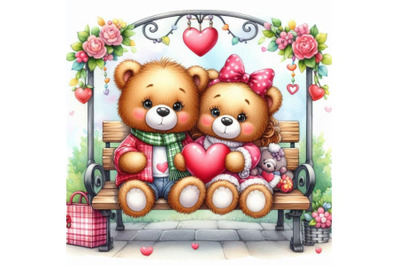 A couple of teddy bears sitting on a bench with a heart.