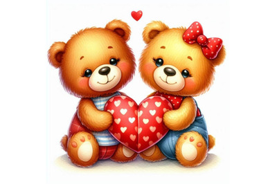 Two teddy bears holding a heart together.