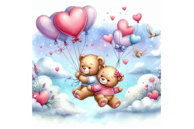 Teddy bears with heart-shaped balloons flying in the sky.