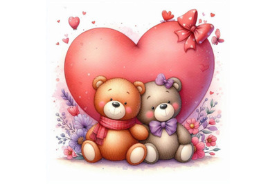 Two cute teddy bears leaning against a giant heart.