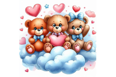 Teddy bears sitting on a cloud holding a heart.