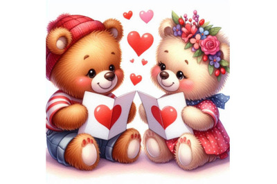 Teddy bears exchanging heart-shaped cards.