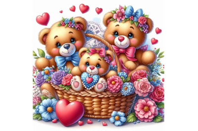 Teddy bears in a heart-shaped basket of flowers.