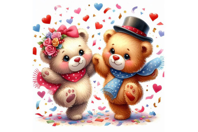 Two teddy bears dancing with heart-shaped confetti around them.