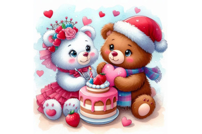 Teddy bears sharing a heart-shaped cake.