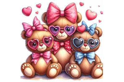 Teddy bears with heart-shaped sunglasses and matching bows.